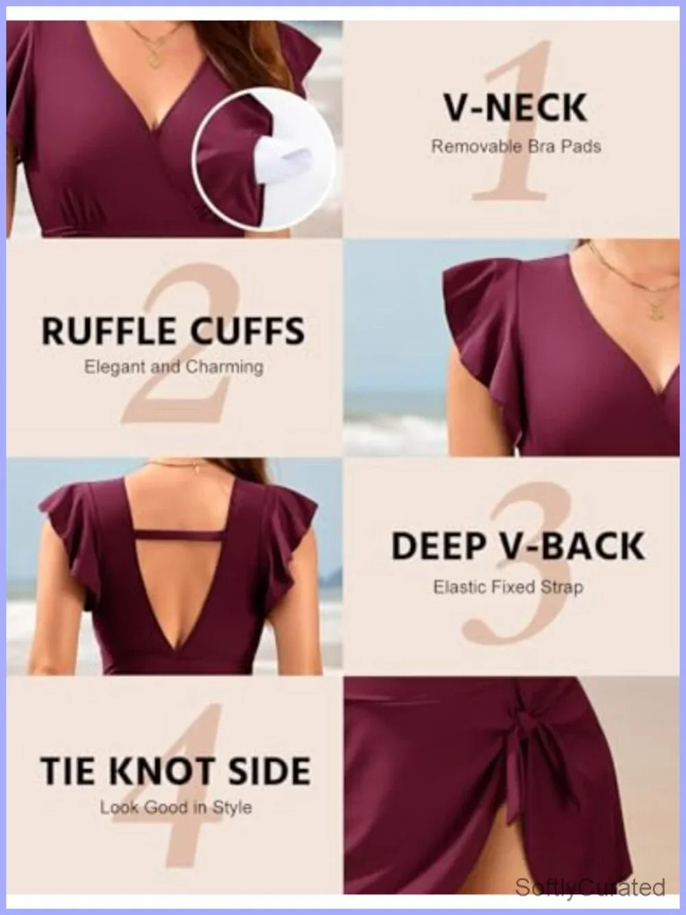 Women One Piece Swim Dress Tummy Control Ruched V Neck Ruffle Sleeve Skirt